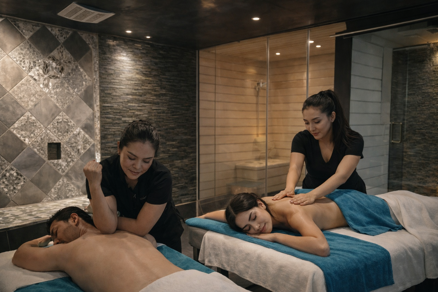 Couples massage in luxury spa room with sauna in Tijuana, modern stone walls and private treatment tables