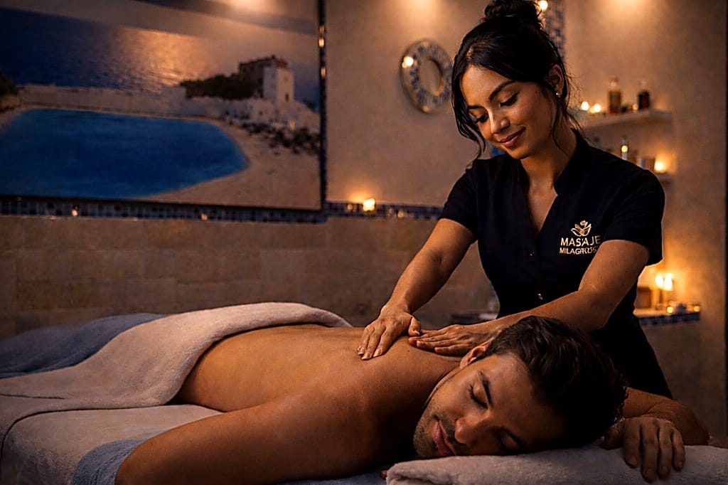 Certified therapist performing relaxing massage in Santorini suite at Masaje Milagroso Playas de Tijuana