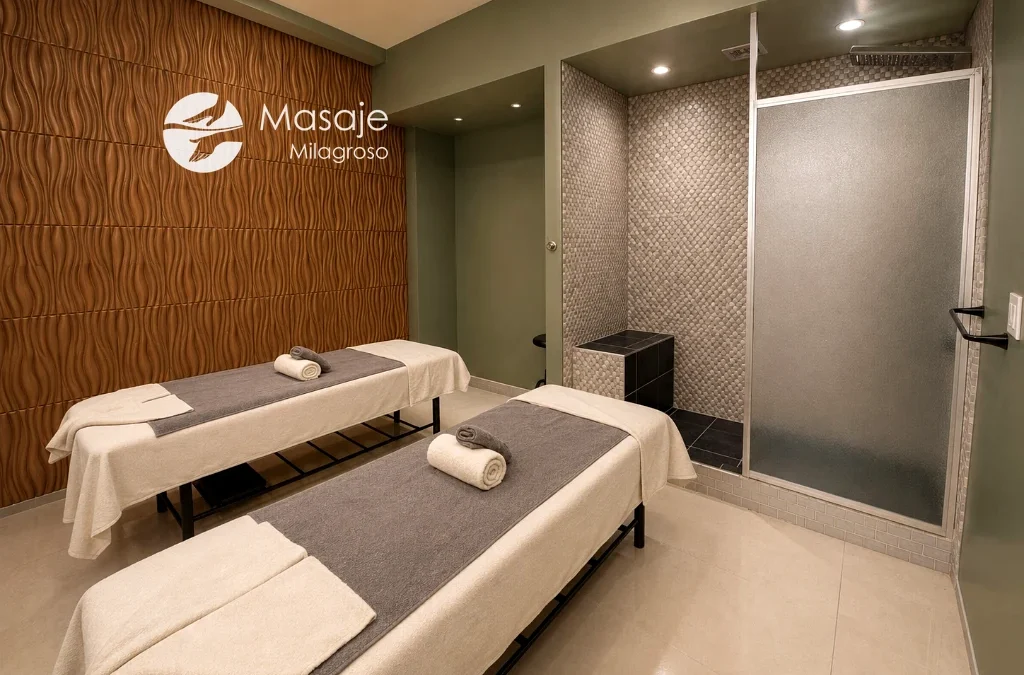 Private couples massage suite featuring wood accent wall and frosted glass shower at Masaje Milagroso Tijuana