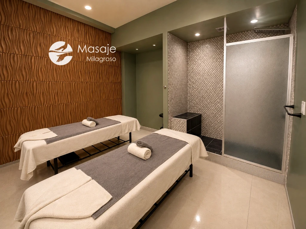 Private couples massage suite featuring wood accent wall and frosted glass shower at Masaje Milagroso Tijuana