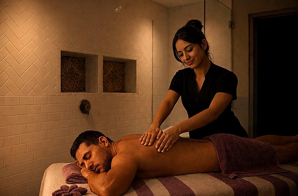Therapeutic deep tissue back massage in private rainfall shower suite at Masaje Milagroso Zona Rio Tijuana